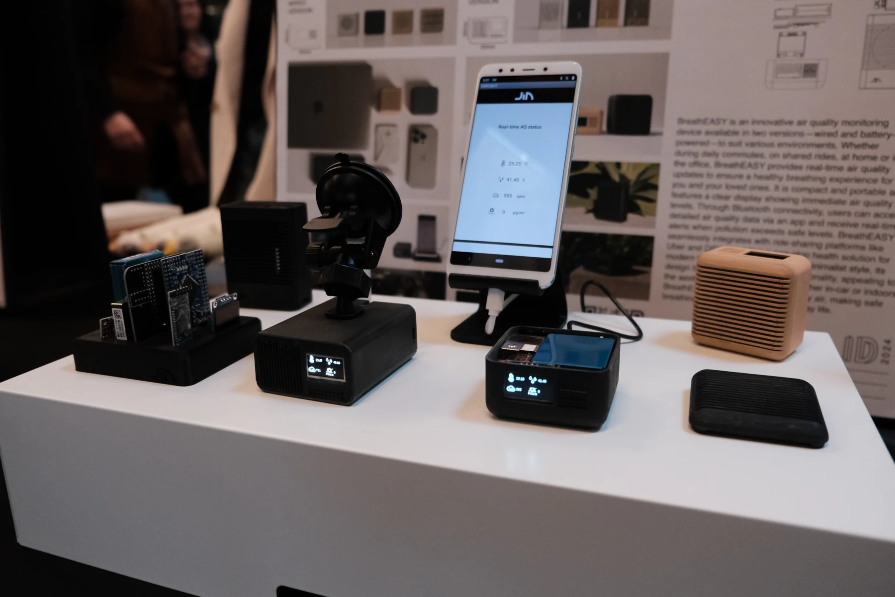Breath Easy prototype exhibition with on-device monitoring readout and phone connection