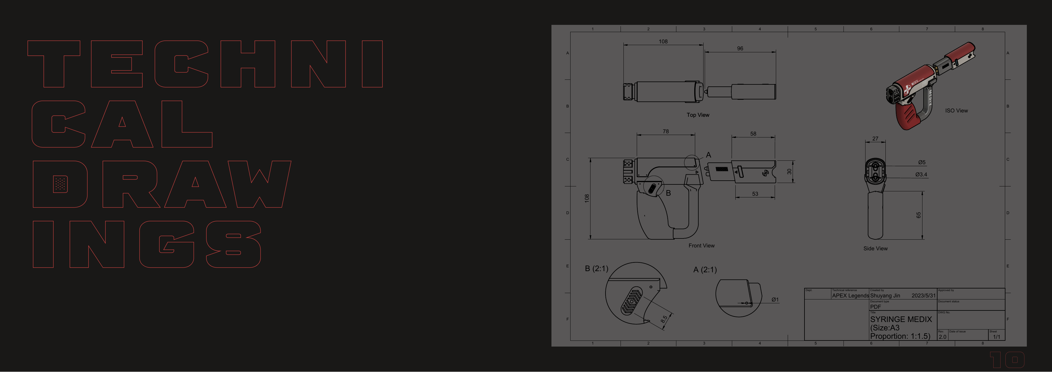 Medix Syringe orthographic drawing with dimensions
