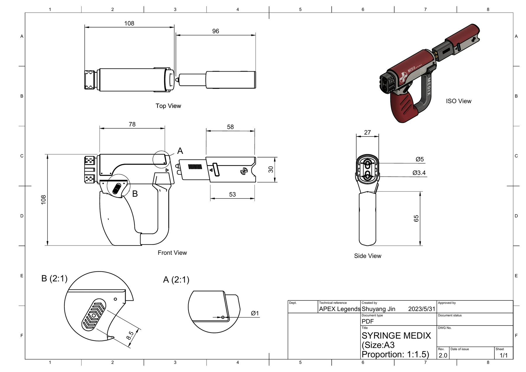 Medix Syringe technical drawing with orthographic views and dimensions / 含正投影视图与尺寸的 Medix Syringe 技术图纸