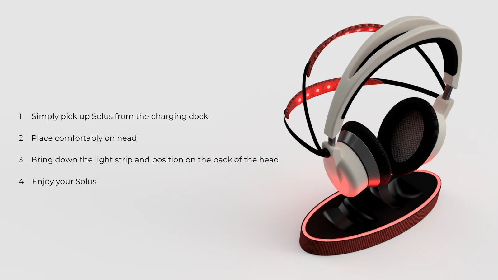 RÓA SOLUS source slide illustrating four steps from charging dock to wearing the product / 从充电底座取用到佩戴产品的四步 RÓA SOLUS 原始概念页
