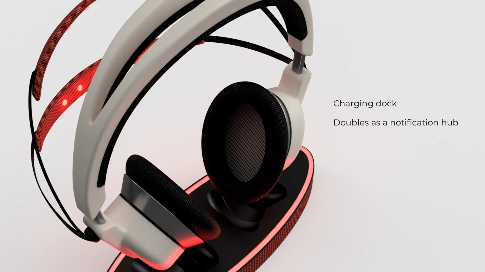 RÓA SOLUS concept showing the headphone on its charging dock / 放置于充电底座上的 RÓA SOLUS 耳机概念